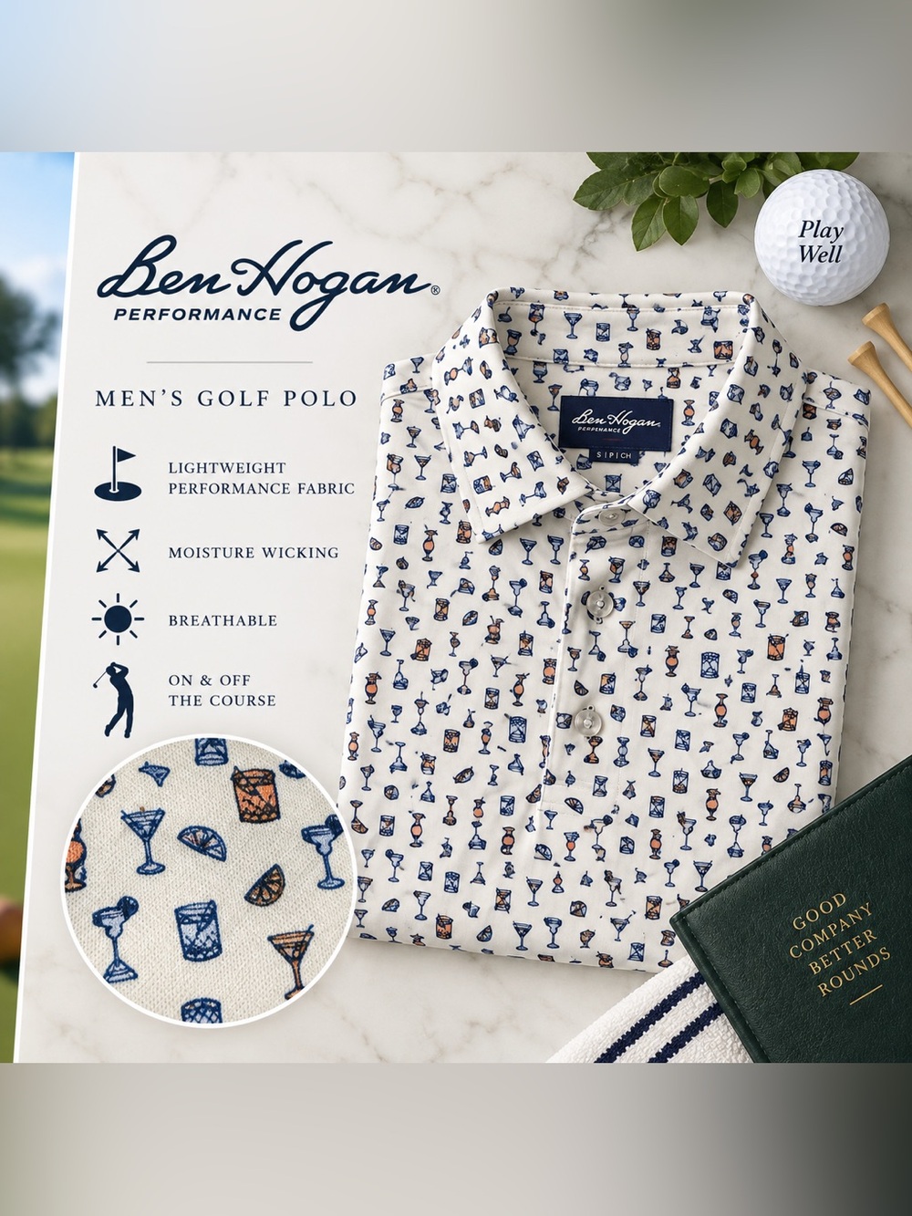 Ben Hogan Performance Men’s Golf Polo Cocktail Drink Print Sz Small